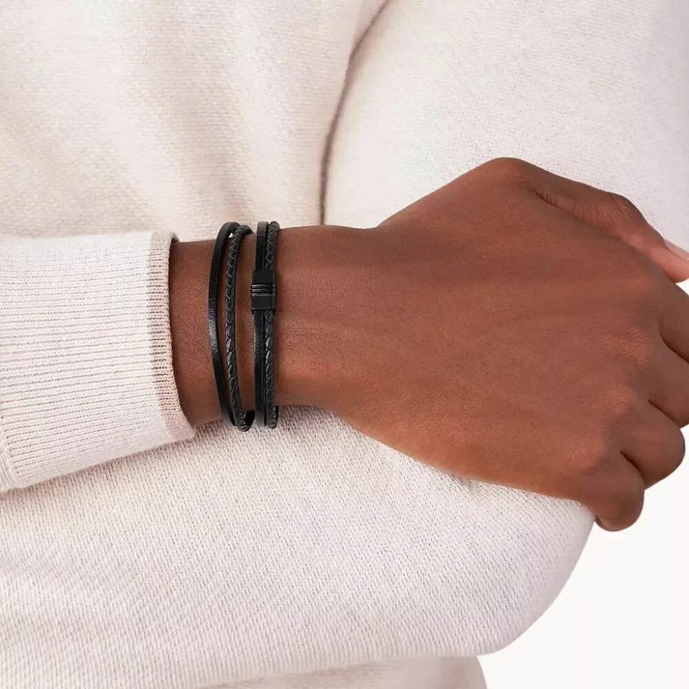 Fossil Men's Multi-Strand Black Leather Bracelet NWOT